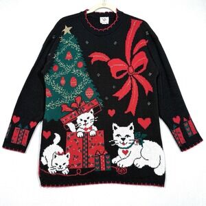 Vintage Christmas Sweater Womens Medium Cats Kittens Tree Presents Bow USA Tunic